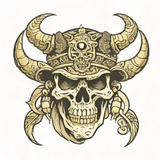 Skull Bull With Aztec Emperor Hat Surrounded