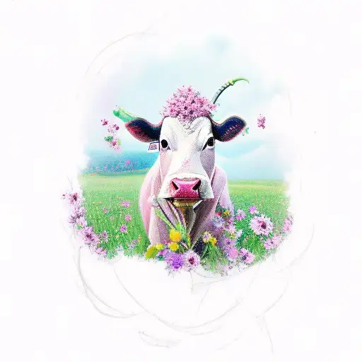 A Cow Sitting Down Smelling A Flower