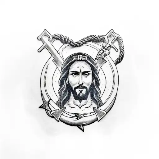 A Blackwork Tattoo Of Jesus Christ With A Marine Anchor Symbolizing Strength And Faith