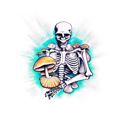 Skeleton Reaching Hand Up Past Mushrooms