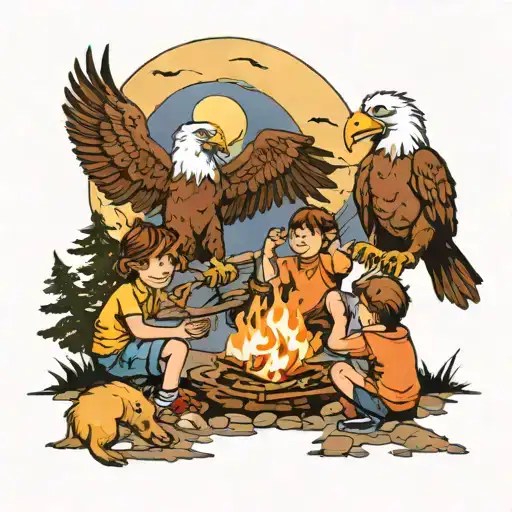 Full Moon 3 Kids Playing By Fire And A Eagle Watching Over Them