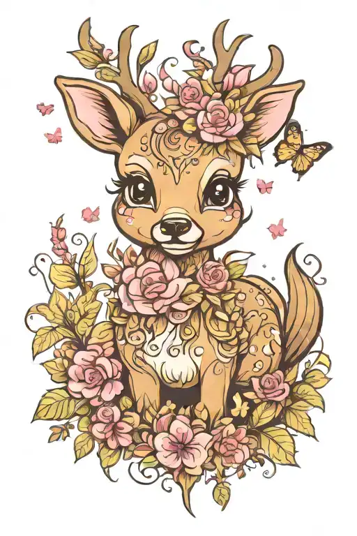 Full Length Cute Deer With Flowers And Pink Butterflies