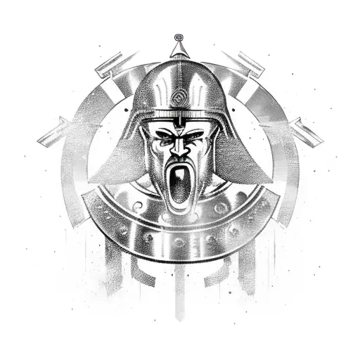 Greek Art Background With A Spartan Shouting With A Helmet Holding A Spear And Shield