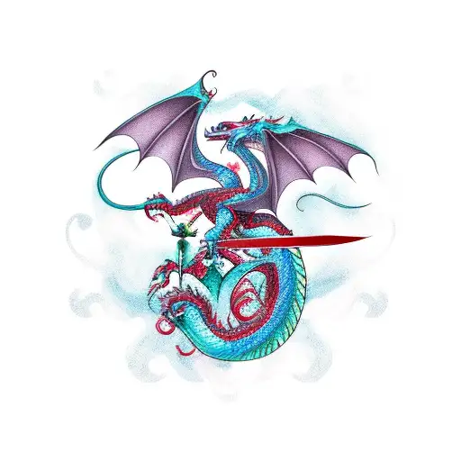 Dragon Wrapped Around A Sword With Rose In Its Hand