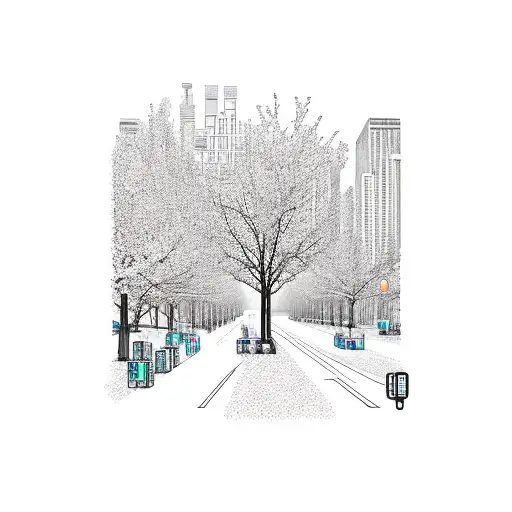 Cyberpunk City With Trees And A Long Street In Chinatown