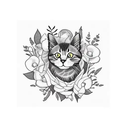 A Blackwork Tattoo Of A Cat Curled Up Among A Bed Of Flowers