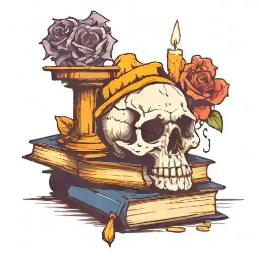 Skull With Flower Next To Melted Candle On Top Of Haphazard Stack Of Books