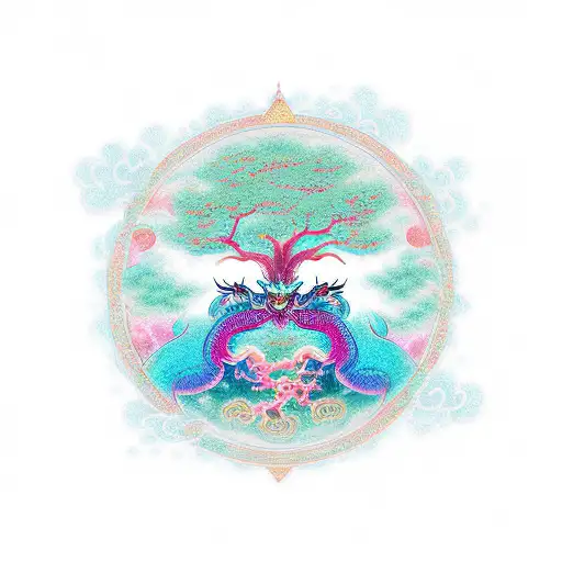 Tree Of Life Surrounded By A Kitsune And A Teal Dragon