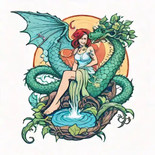 Mother Earth Tree With A Fae Sitting By A Pond And A Water Dragon With A Red Dragon Flying