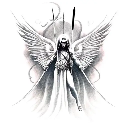 Full Back Tattoo Half Demon Half Angelic Scene Holding A Sword And Has Wings