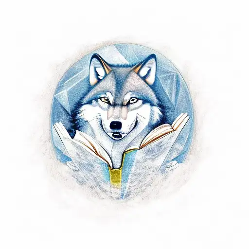 A Realistic Portrait Of A Wolf Reading A Book With A Crystal Ball On Its Side