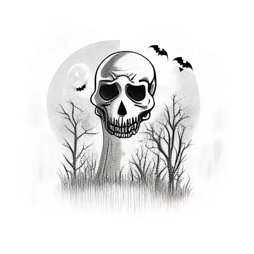 A Spooky Halloween Scene With A Lake Surrounded By Towering Skulls And A Vampire Silhouette