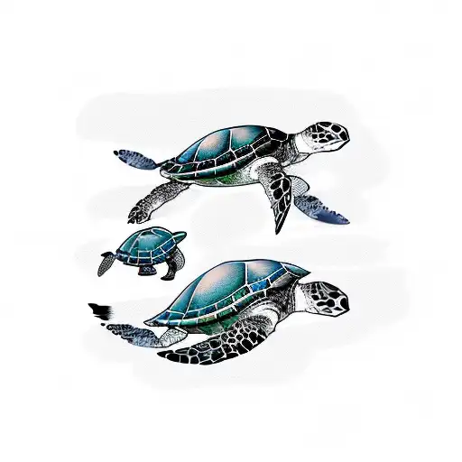 Sea Turtle Momma With Babies