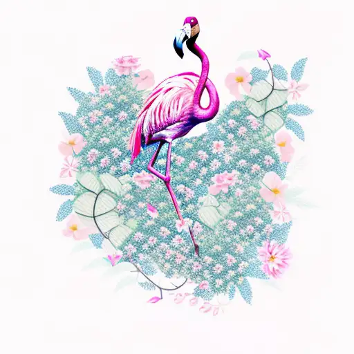 A Flamingo Surrounded By Vines With Sakura Flower