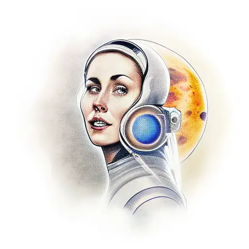 Tattoo Where Woman In Astronaut Suit Sits On Venus And You Can See Mars In Backround