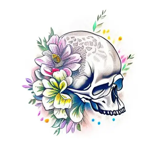 Crow Sitting On A Skull With Flowers