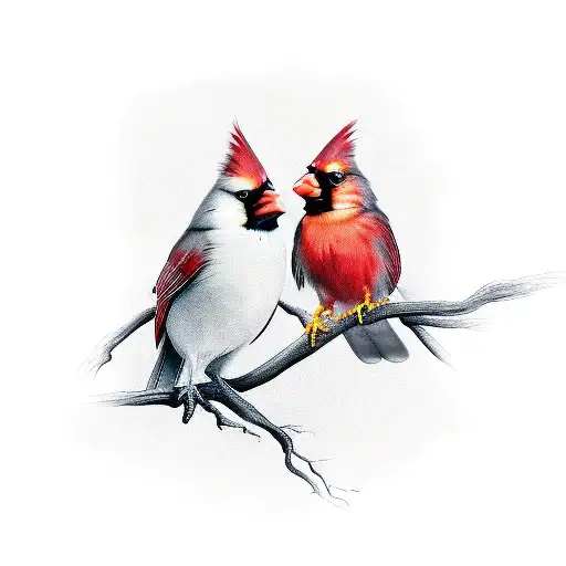 Cardinal And Tree Hawk Perched On A Branch