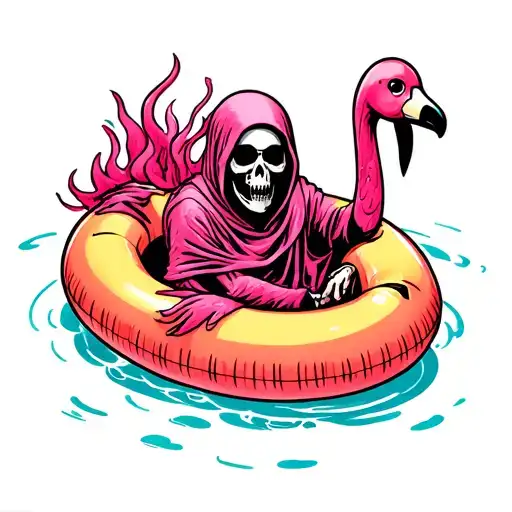 Grim Reaper In Pink Flamigo Pool Floatie
