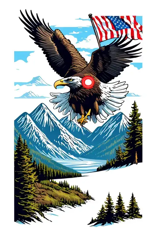 Colorado Mountains With Bald Eagle And American Flag Waving In The Sky