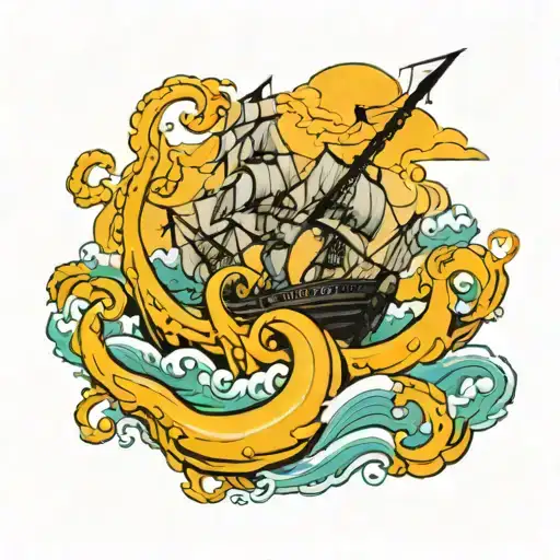 Kraken And Ship Sailing Through Stormy Seas