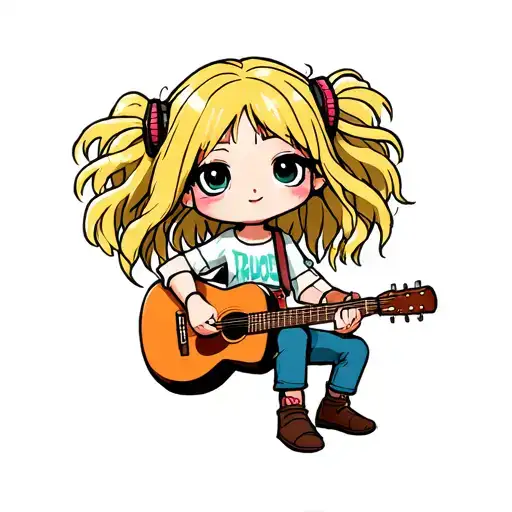 Blonde Chibi Girl With Messy Hair Playing Acoustic Guitar