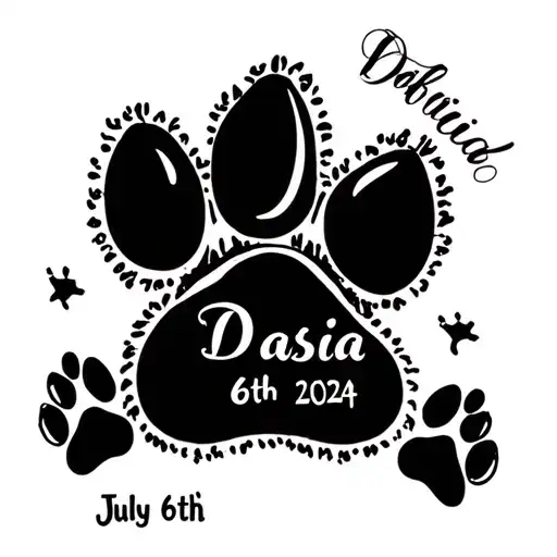 Dasia Written In Cursive With A Paw Print On The Side With The Date July 6Th 2024 In Roman Numerals