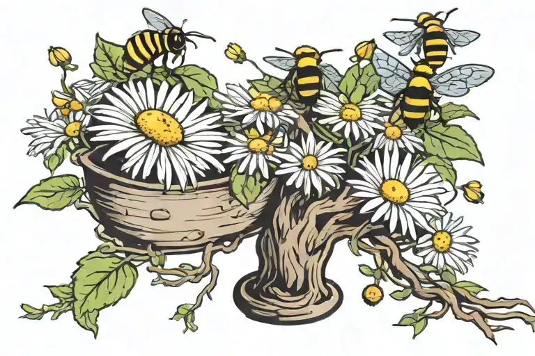 Daisy And Bees Nest In A Bonsai