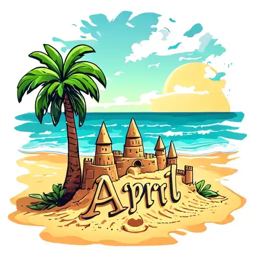 A Beach With Palm Trees And Sand Castle With April Written In Sand