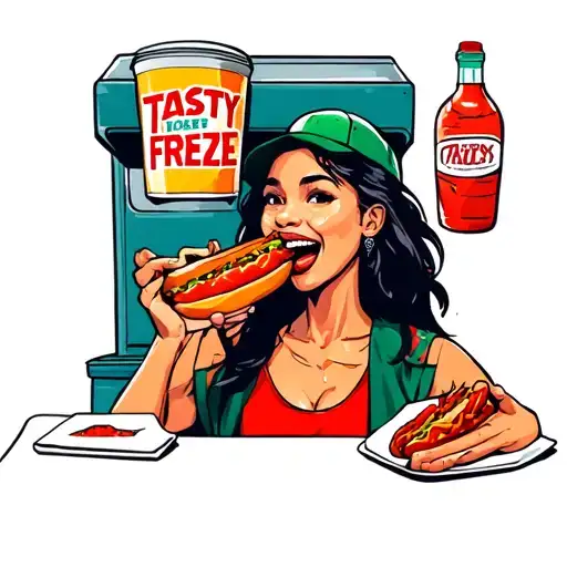 Woman Eating A Chili Dog Outside The Tasty Freeze
