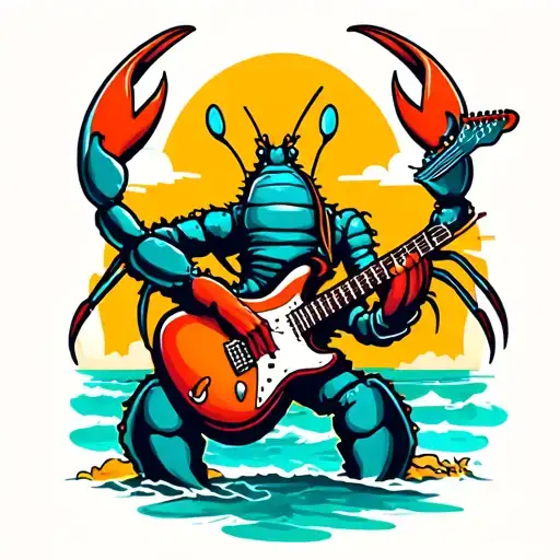 Lobster Rocking Out On A Guitar On The Beach Scene