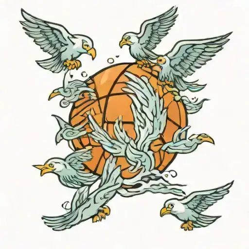 A School Of Fish Swimming In The Shape Of A Basketball Surrounded By Eagles In Flight