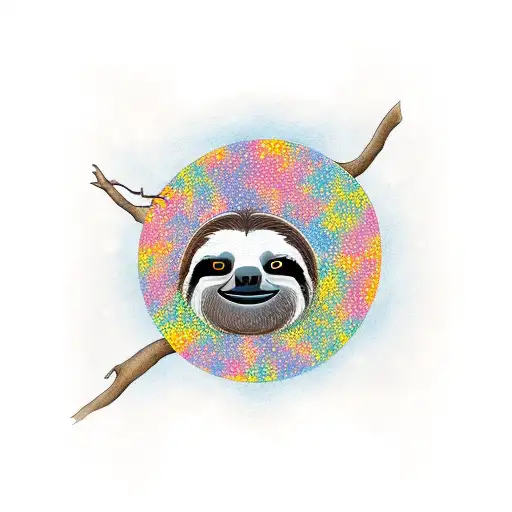 Slanded Eyes And A Smiling Sloth Hanging On A Tree Rising Sun