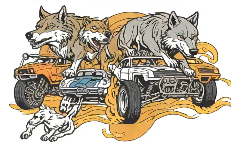 A Pack Of Wolves Racing Alongside A Line Of Muscle Cars