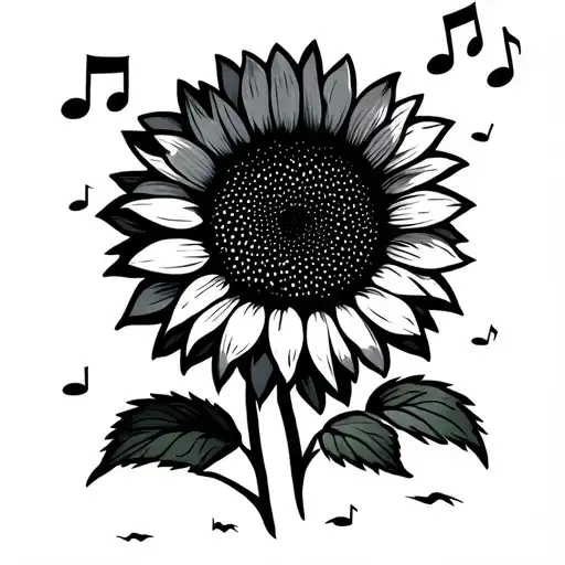A New-school Style Sunflower Field With Music Notes Floating In The Sky