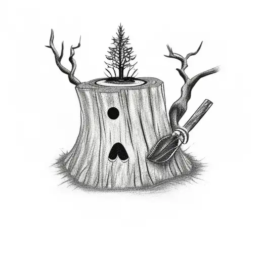 A Tattoo Drawing Of A Sprouting Tree Stump With An Axe Stuck On It
