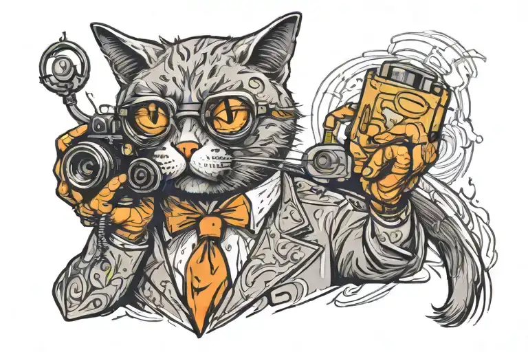 A Bust Of A Cat In Human Style Who Is Photographing And Wearing A Tight Suit
