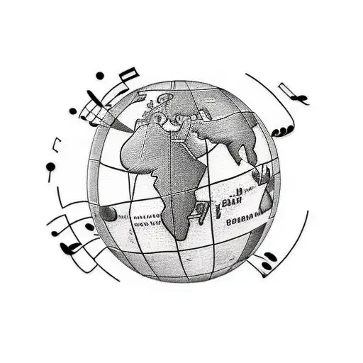 A New-school Tattoo Of A Globe With Music Notes As The Continents And A Plane Flying Around It