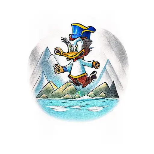 A New-school Tattoo Of Scrooge Mcduck Swimming In A Pool Of Money With Mountains In The Background