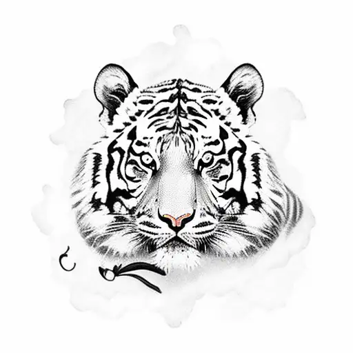 Full-length Tiger With A Butterfly For The Chest In Black And White Old School Style