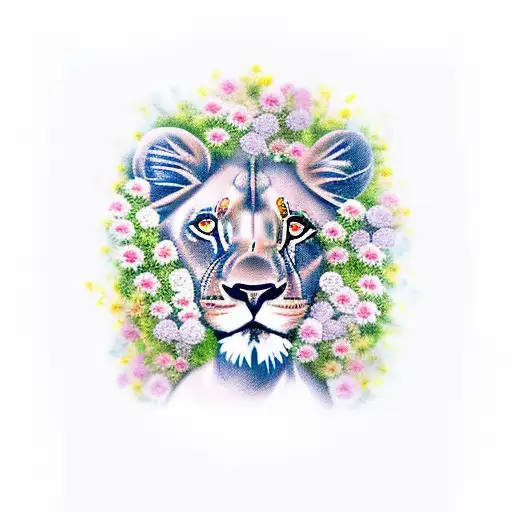 Female Lion With 2 Cubs Surrounded By Flowers And Nature