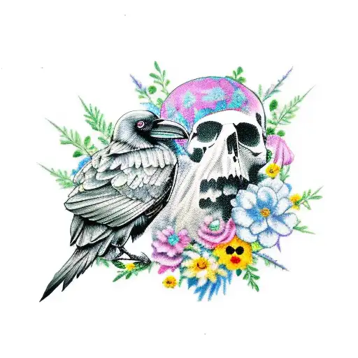 Raven With Skulls And Flowers