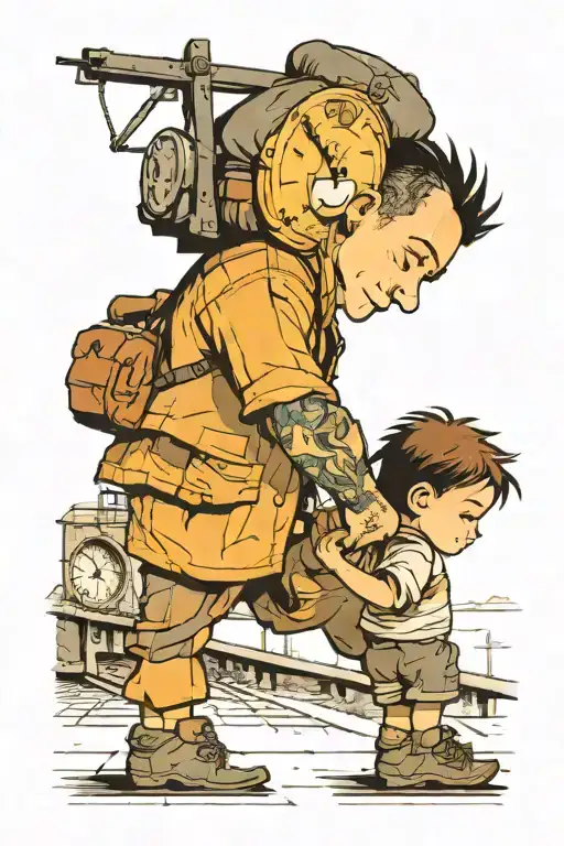 Father Hugging 3 Yr Old Son On Railraod Tracks With A Clock In Back Ground