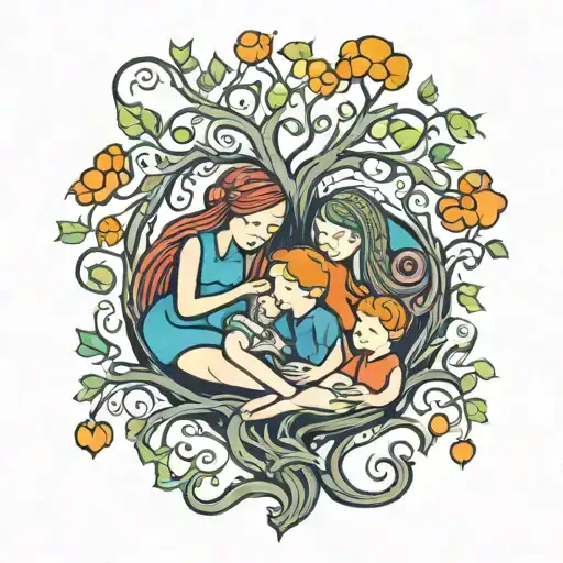 Tree Of Life Mother Hold Children Hands Colorful