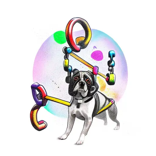 A Tattoo Of A Dog Lifting Weights In A Colorful Outdoor Scene