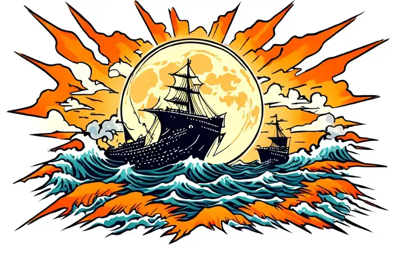 A Storm At Sea With A Full Moon In The Background And Rays