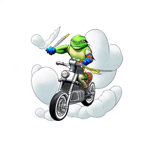 A New School Color Art Inspired Tattoo Of A Cartoon Ninja Turtle Riding A Chopper Motorcycle