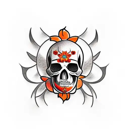 Walk In Tattoo Skull And A Flower Orange And Black