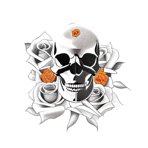 Walk In Tattoo Skull And A Flower Orange And Black