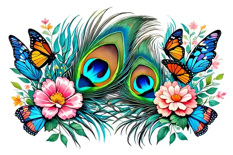 Peacock Feathers On Both Sides With Butterflies And Flowers Around