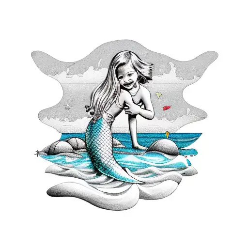 Whimsical Scene Of Kids Playing With A Mermaid At The Beach